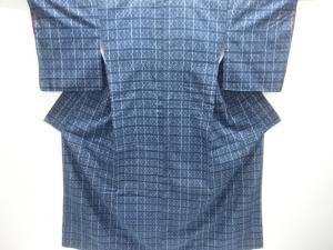 アンティーク　変わり格子に幾何学模様織り出し手織り節紬着物